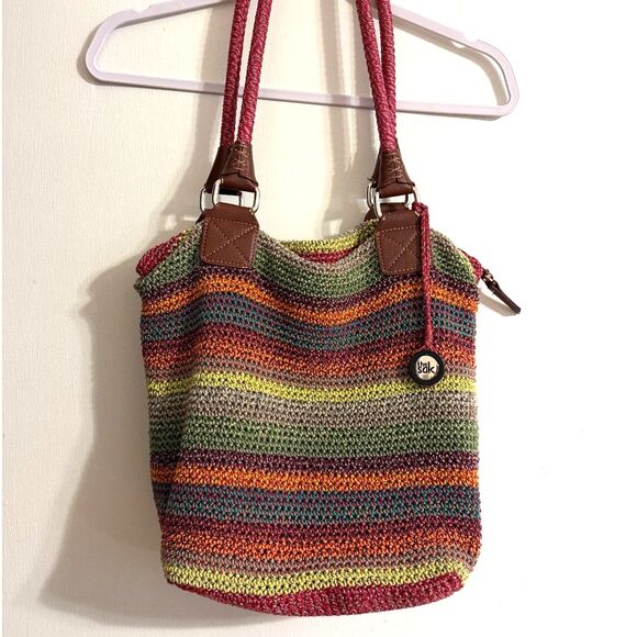 The Sak Handbags - The Sak Cambria Crochet Boho Knit Hobo Tote Bag Purse Rainbow Multicolor Striped